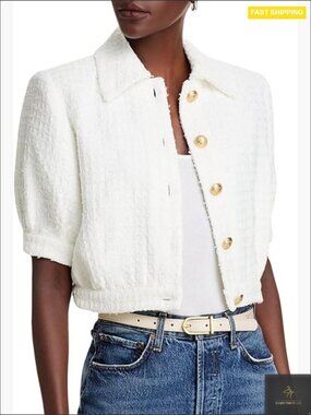 Cropped Tweed Blazer Short Sleeve Button Down Jacket Work Business Casual Coat